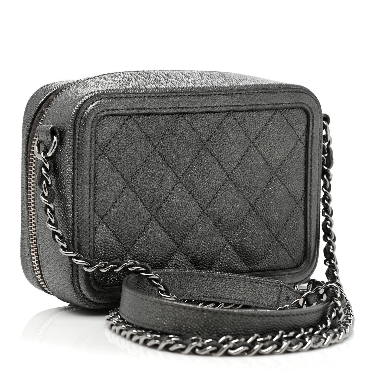Metallic Caviar Quilted CC Filigree Vanity Clutch With Chain Dark Silver