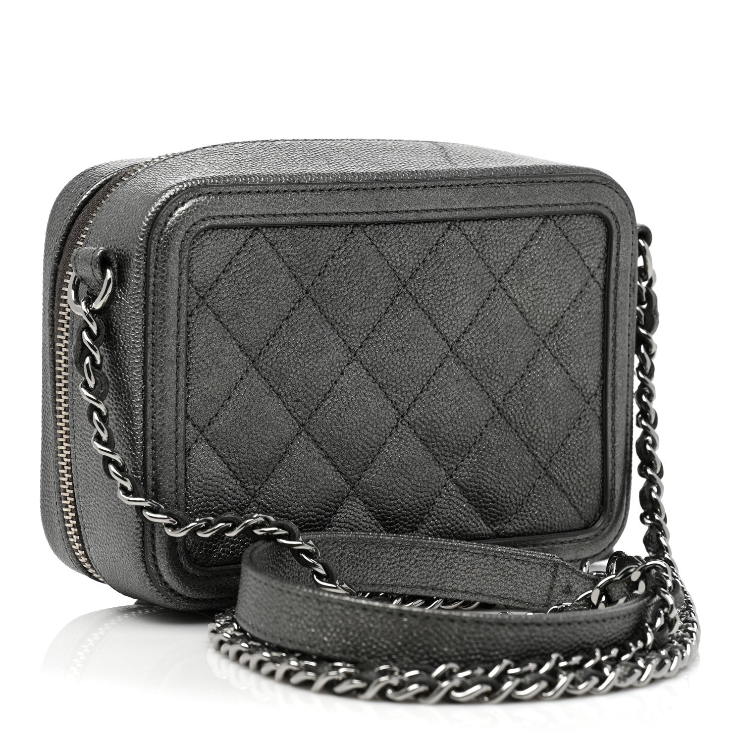 Chanel Metallic Caviar Quilted CC Filigree Vanity Clutch With Chain Dark Silver 3 of 9