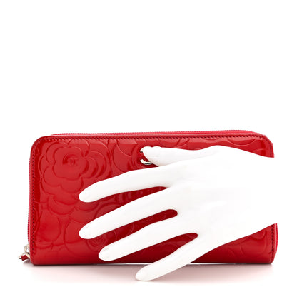 Chanel Patent Camellia Embossed Large Gusset Zip Around Wallet Red 2 of 7