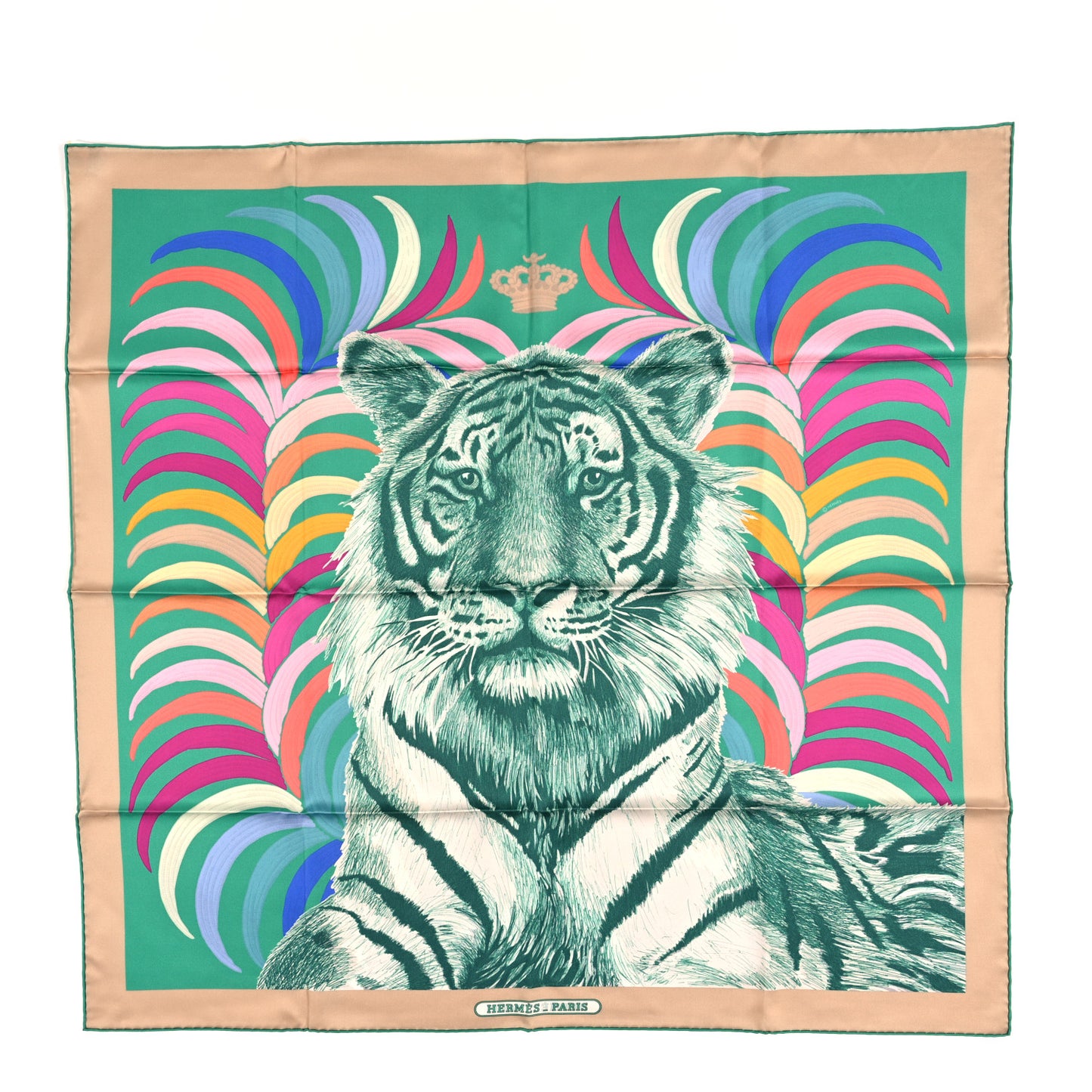 Silk Carre Double Face Tigre Royal Scarf 90 Vert Beige Multicolor