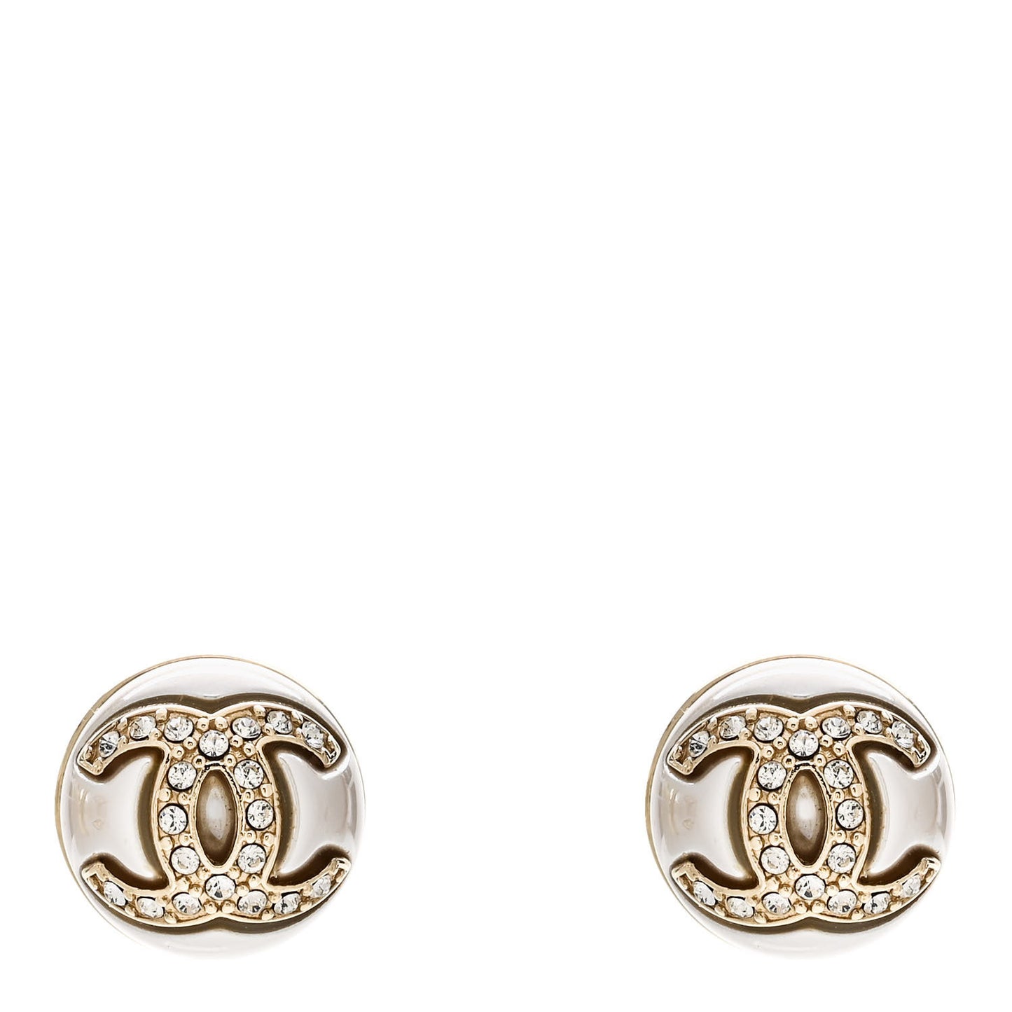 Pearl Crystal Metal CC Round Earrings Gold