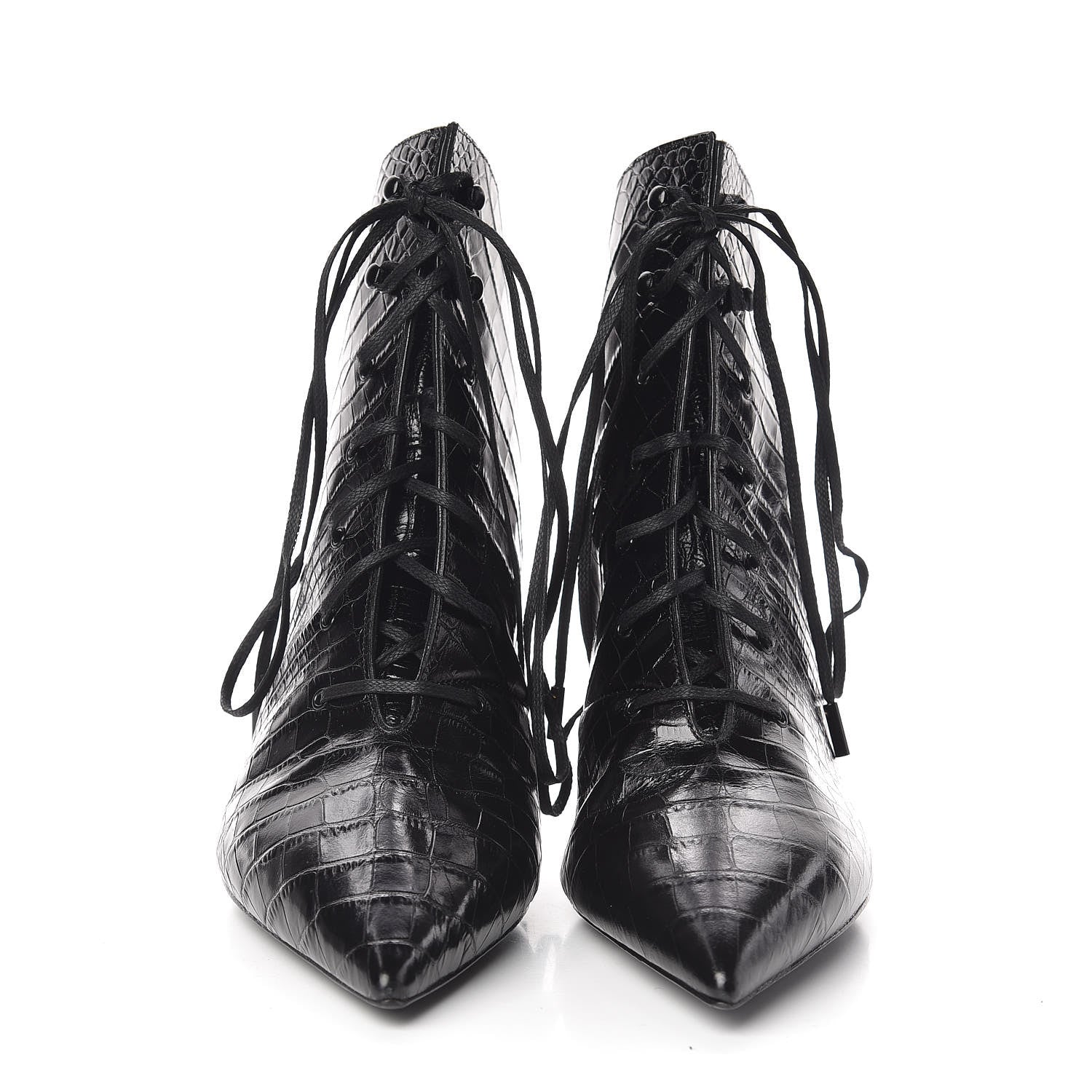 Saint Laurent Crocodile Calfskin Charlotte Laced Boots 39.5 Black 2 of 7