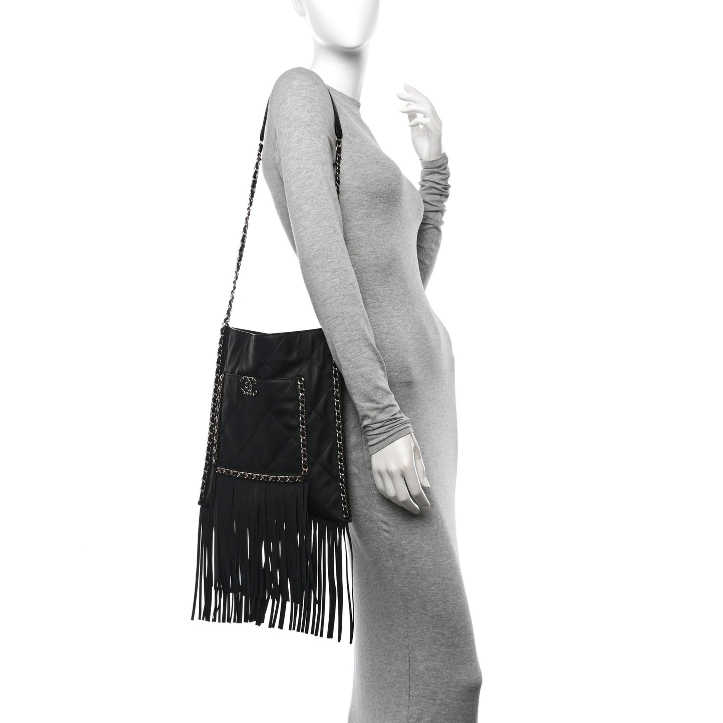 Calfskin Quilted Fringe Shopping Bag Black