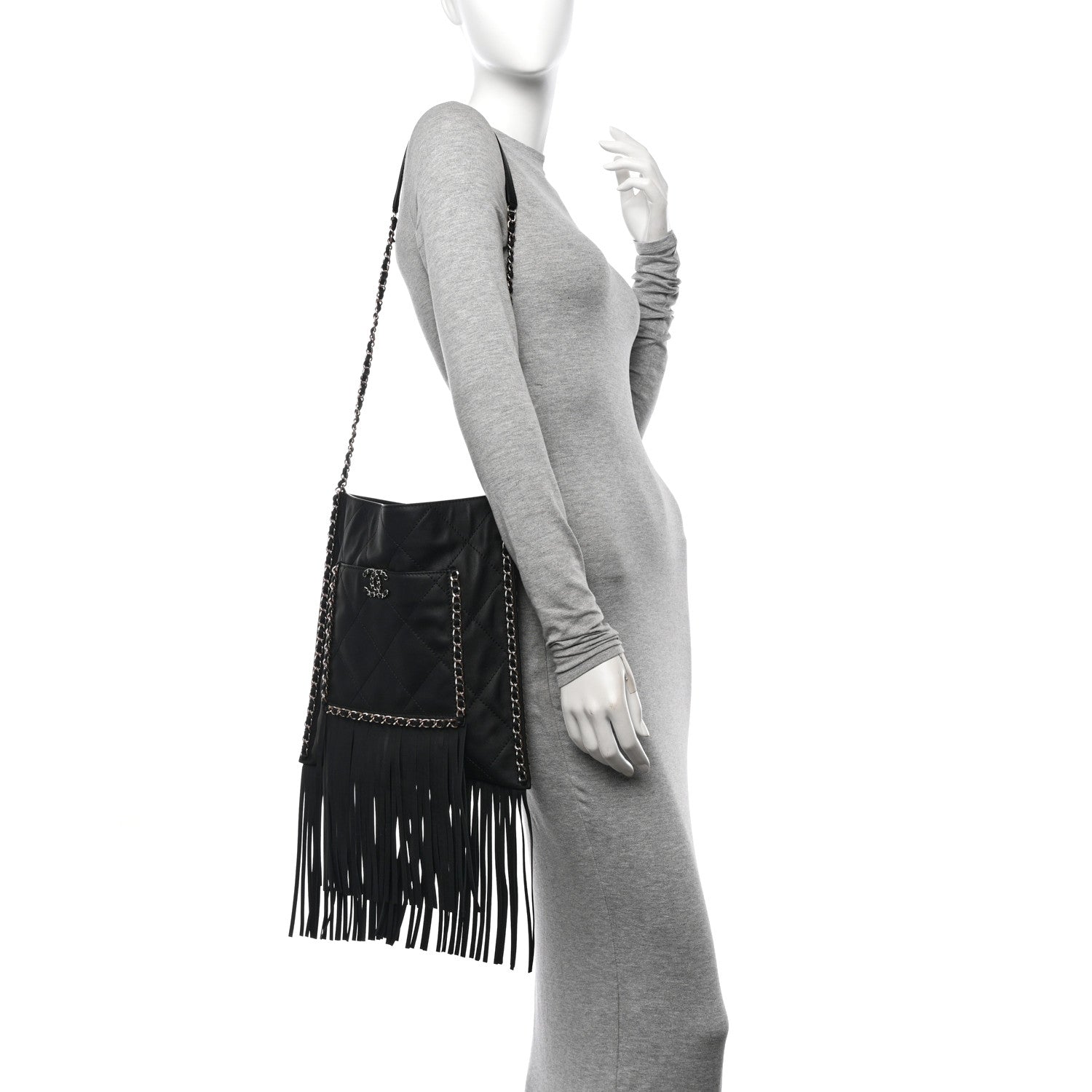 Chanel Calfskin Quilted Fringe Shopping Bag Black 2 of 11