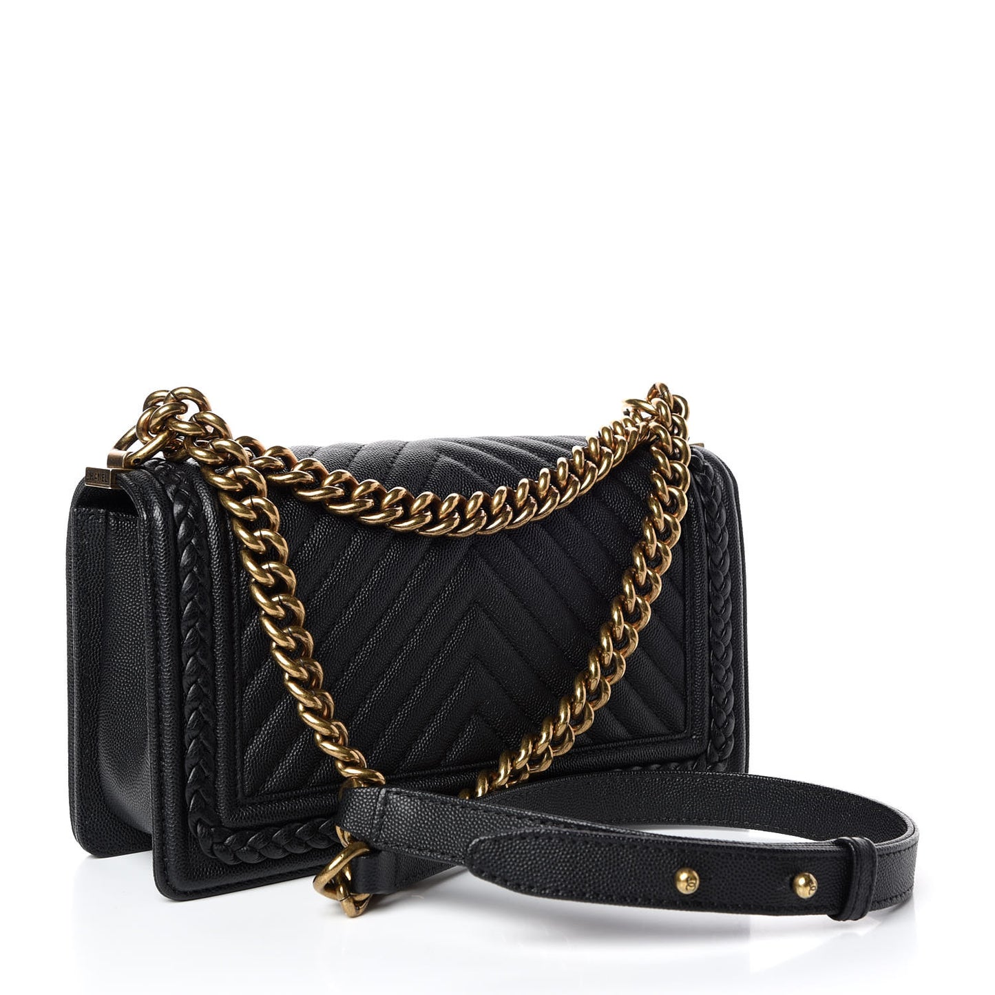 Caviar Chevron Quilted Braided Medium Boy Flap Black
