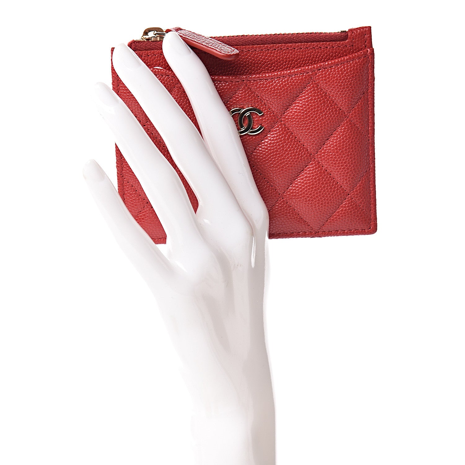 Chanel Caviar Quilted CC Zip Card Holder Red 2 of 8