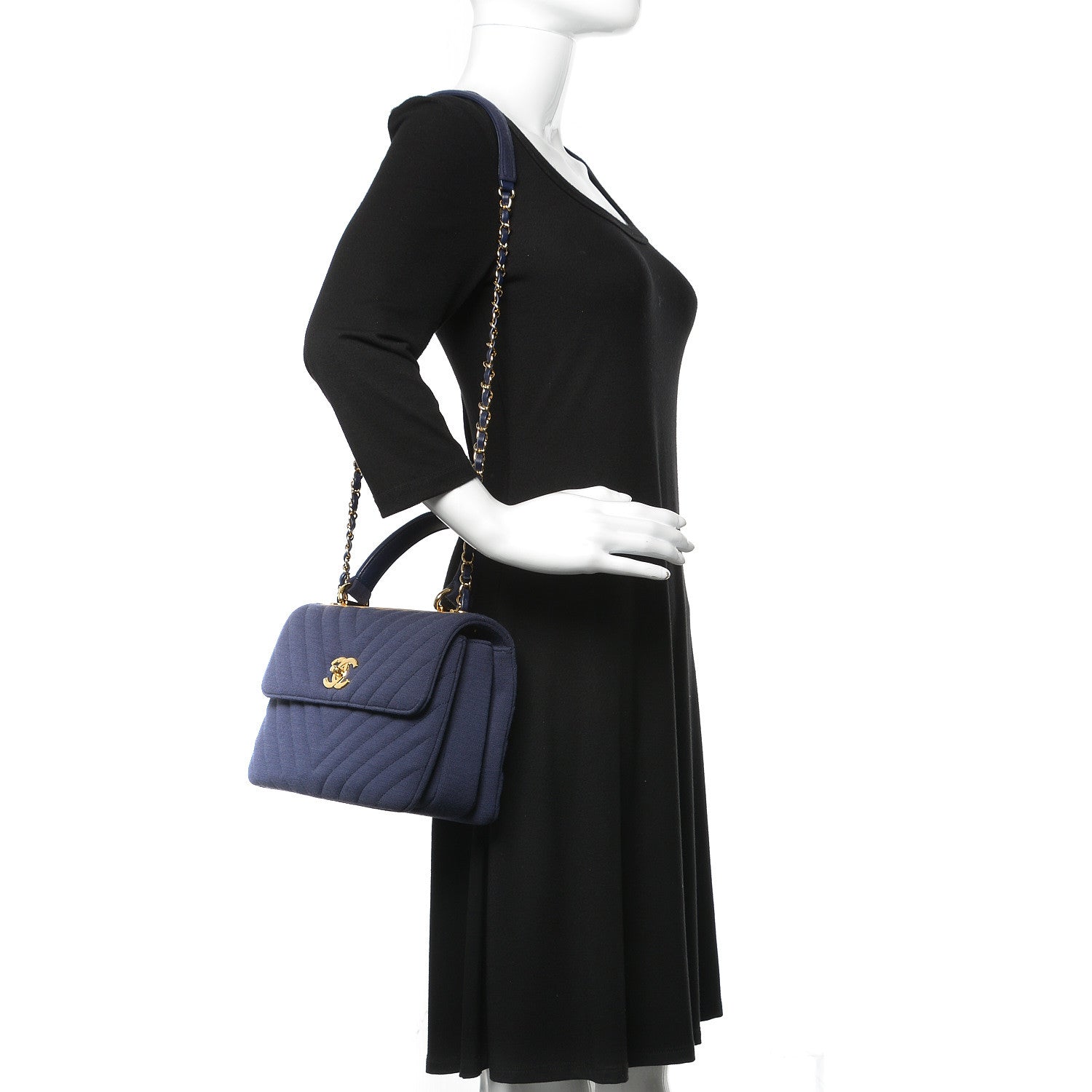 Chanel Jersey Chevron Quilted Small Trendy CC Dual Handle Flap Bag Navy Blue 2 of 10