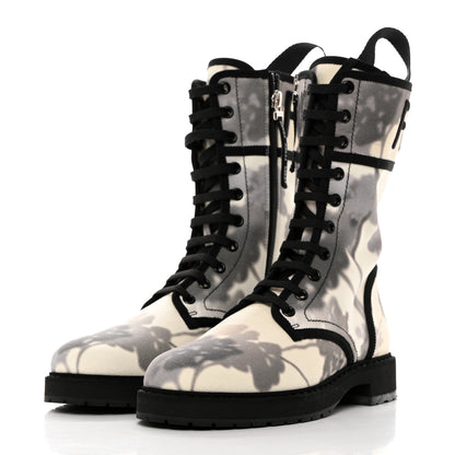 Fendi Canvas Floral Print Logo Bi-Color Womens Biker Boots 37 White Black 3 of 8
