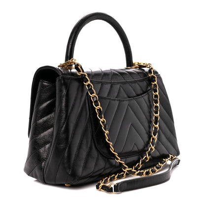 Chanel Glazed Calfskin Lizard Chevron Quilted Small Coco Handle Flap Black 3 of 11