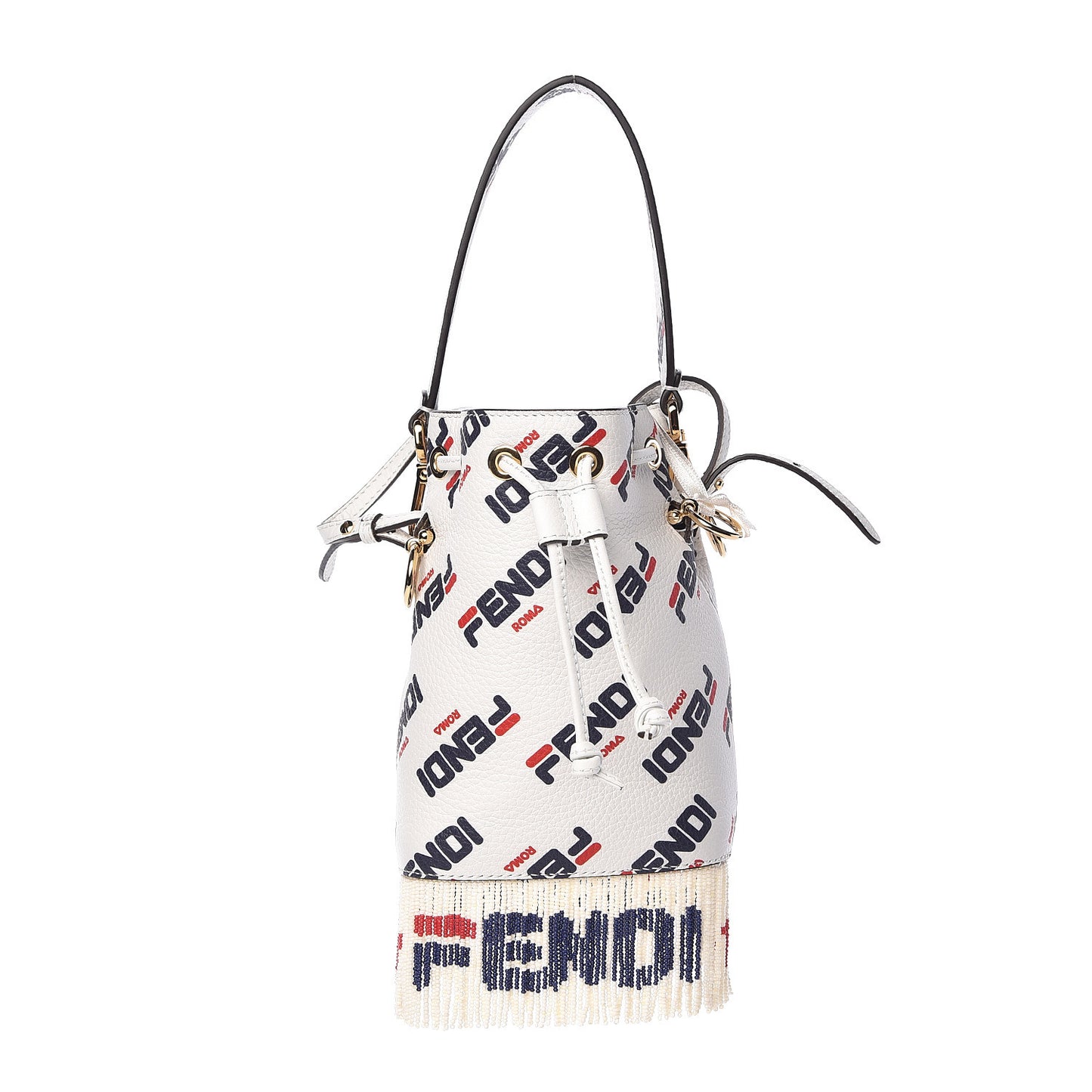X FILA Calfskin F is Fendi Mania Fringe Mini Mon Tresor Bucket Bag White