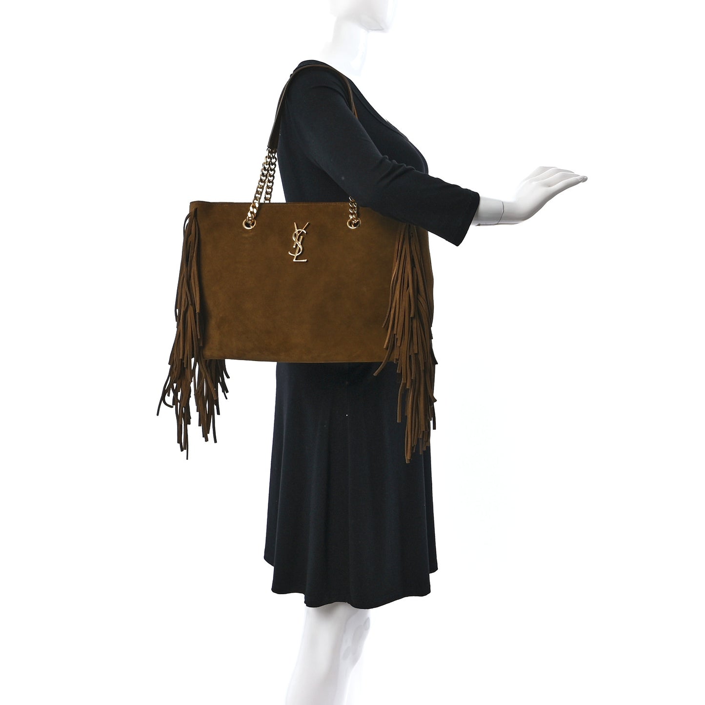 Suede Fringe Monogram Shopping Tote Light Ochre