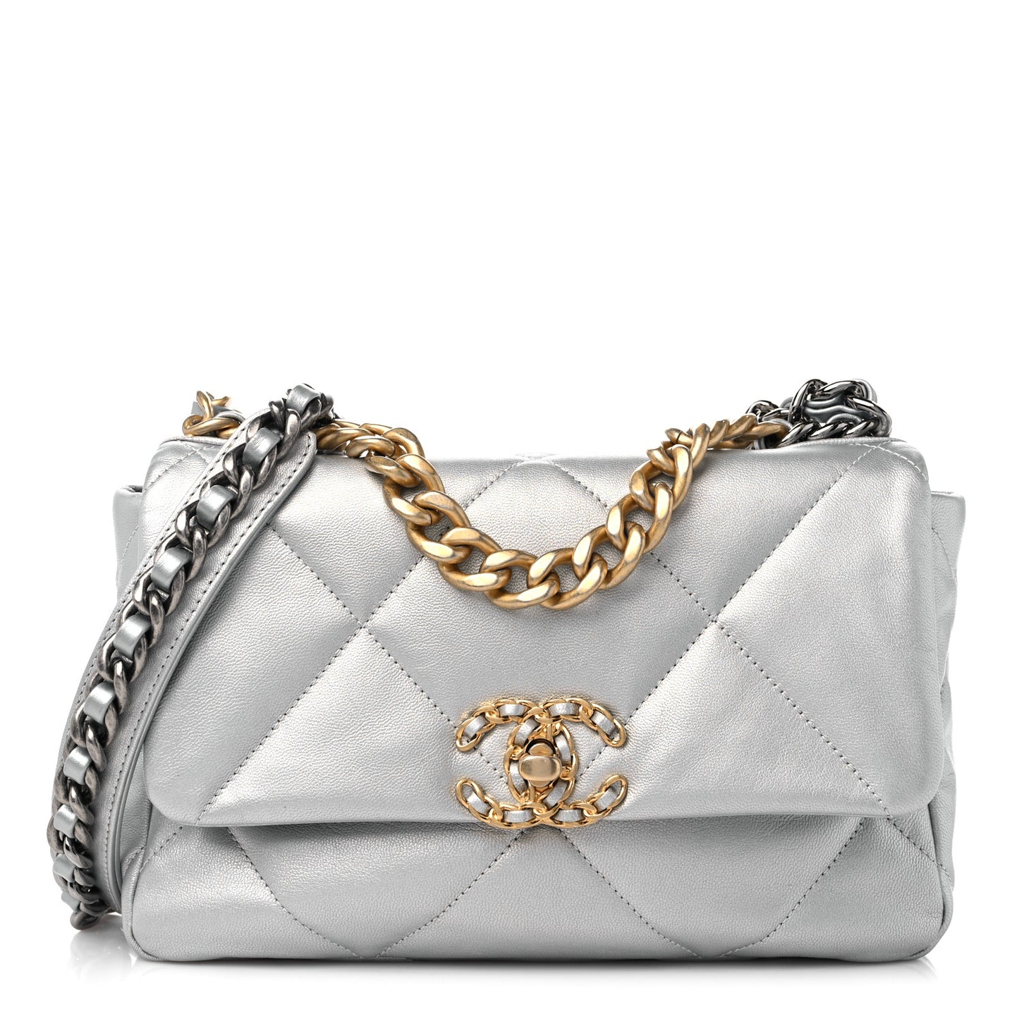 Metallic Goatskin Quilted Medium Chanel 19 Flap Silver