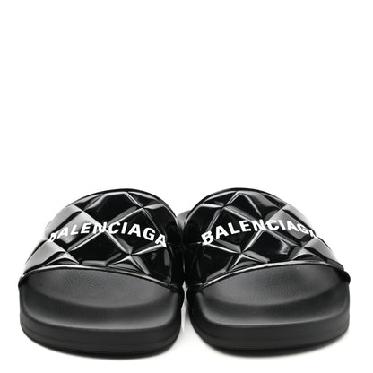 Balenciaga Patent Rubber Logo Womens Pool Slide Sandals 39 Black White 2 of 8
