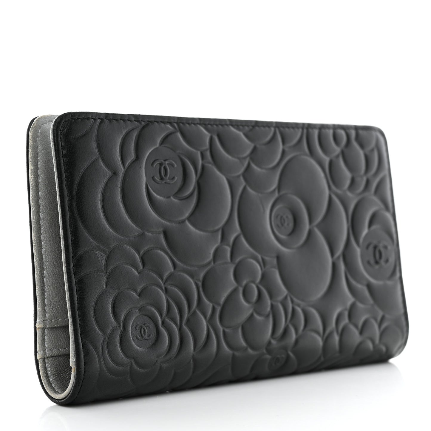 Lambskin Camellia Embossed Yen Wallet Black