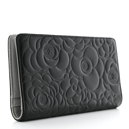 Chanel Lambskin Camellia Embossed Yen Wallet Black 3 of 13