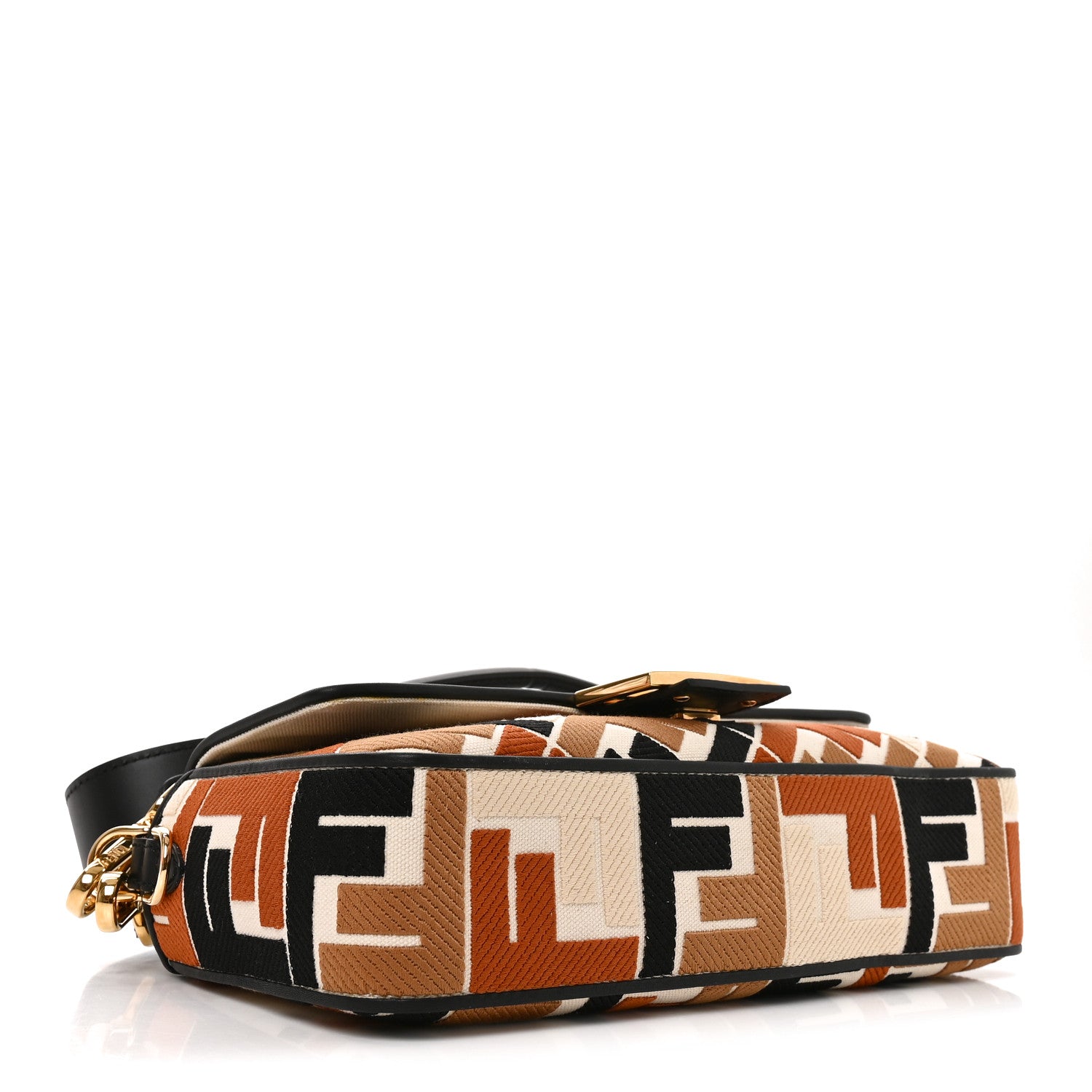 Fendi Canvas Vitello Seta FF Embroidered Baguette Brandy Black 4 of 10