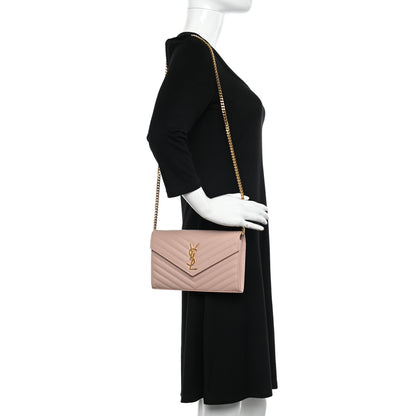 Saint Laurent Grain De Poudre Matelasse Chevron Monogram Chain Wallet Pale Pink 3 of 9