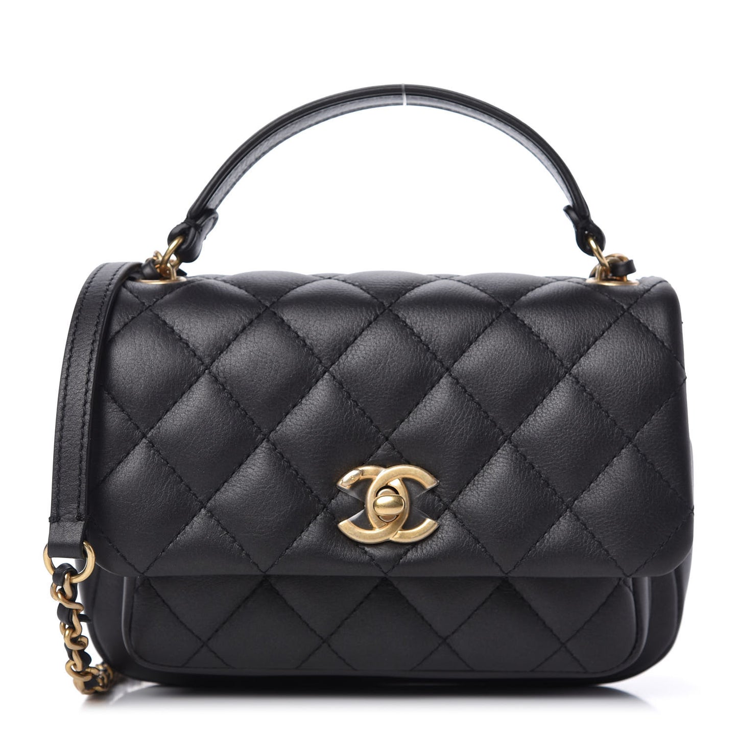 Calfskin Quilted Top Handle Flap Black