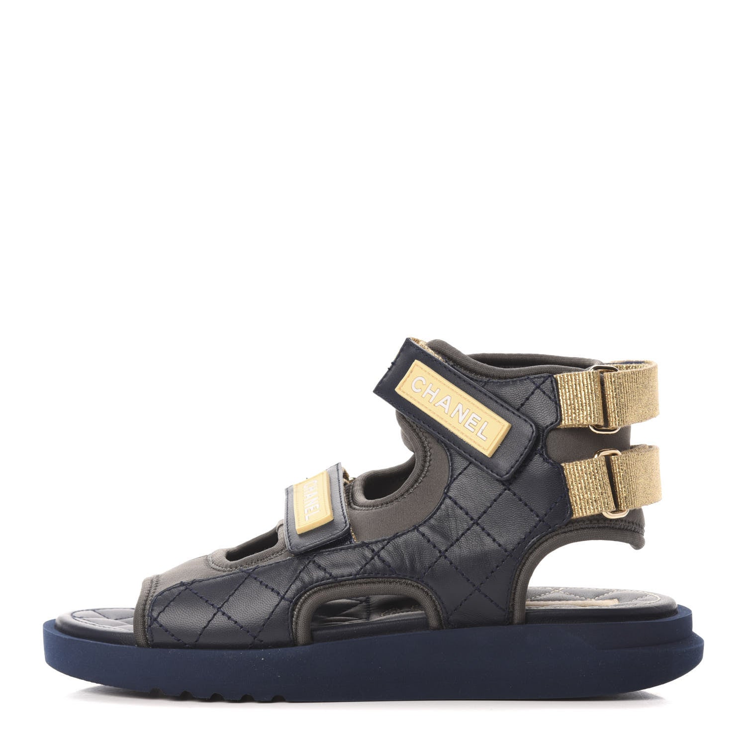 Chanel Goatskin Fabric Flat Sandals 37 Navy Blue Grey Yellow 1 of 8