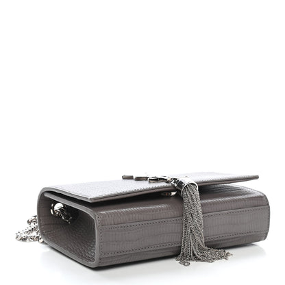 Saint Laurent Calfskin Crocodile Embossed Small Classic Monogram Kate Tassel Satchel Fog 3 of 8