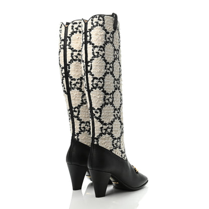 Gucci Tweed GG Monogram Wrinkled Kid Zumi Knee Boots 38.5 Natural Black 3 of 4