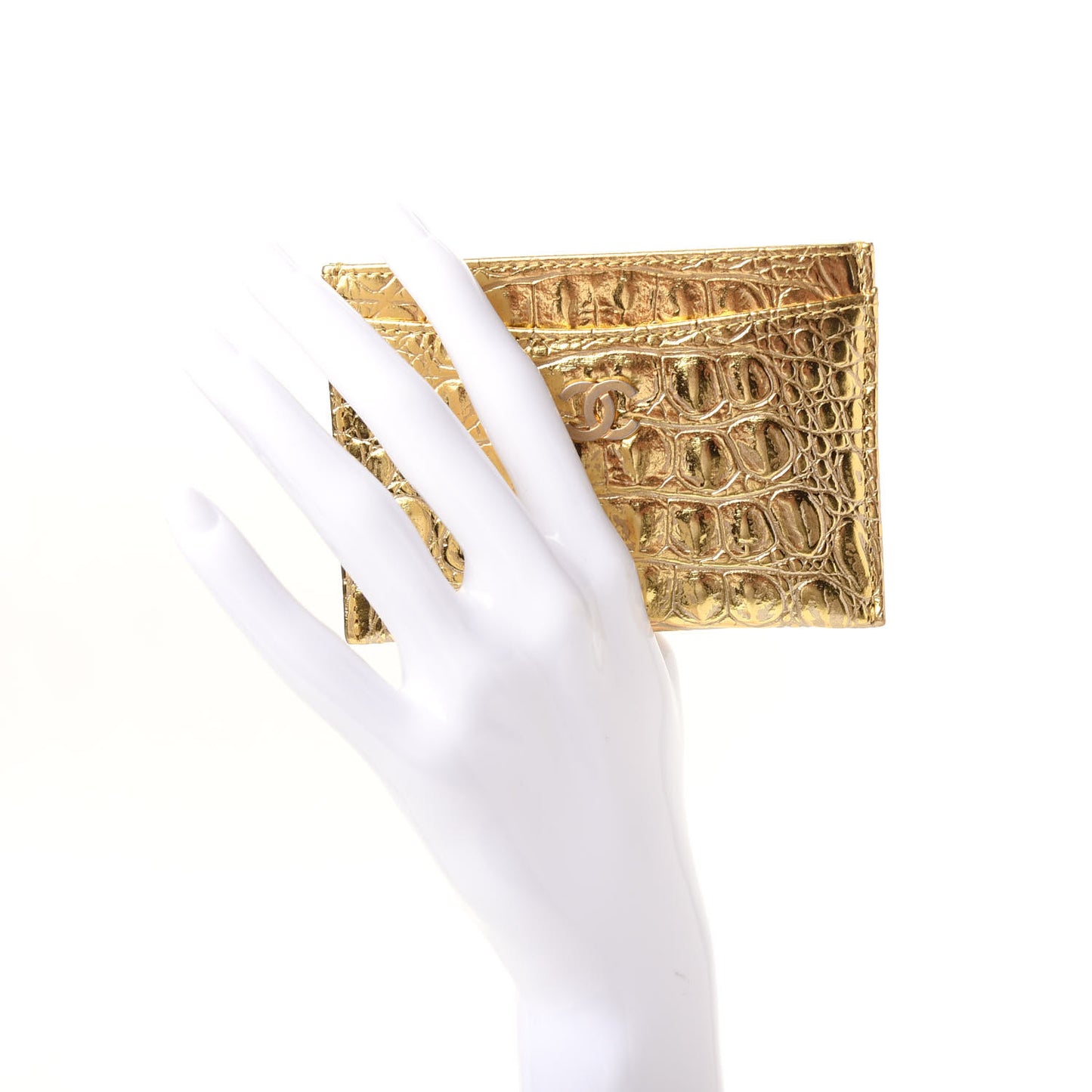 Metallic Calfskin Crocodile Embossed Cocodile Card Holder Gold