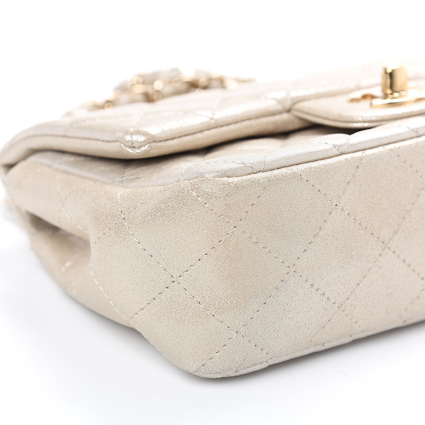 Iridescent Calfskin Quilted Mini Rectangular Flap Light Gold