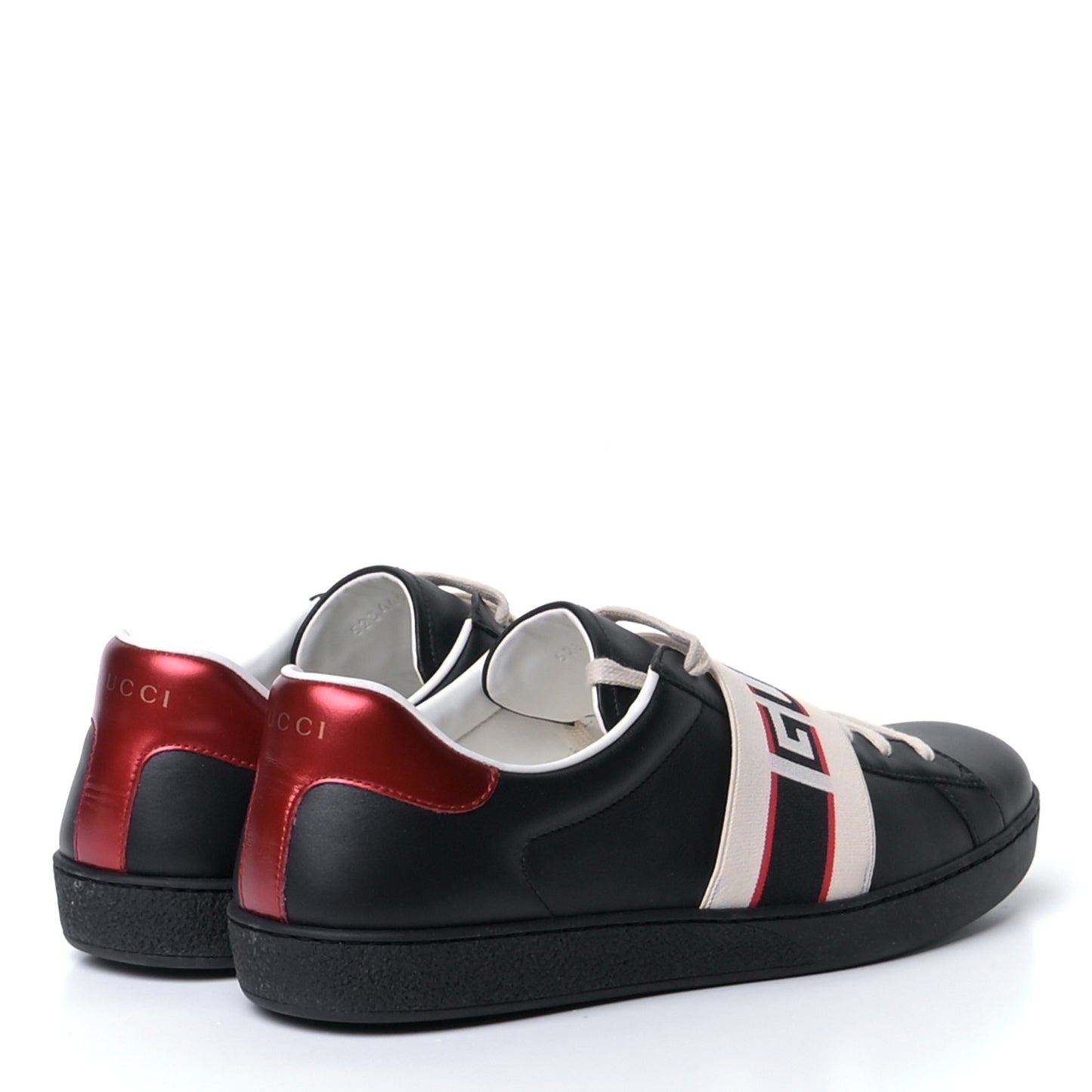 Calfskin Stripe Mens New Ace Sneakers 10.5 Black Ecru Red Flame