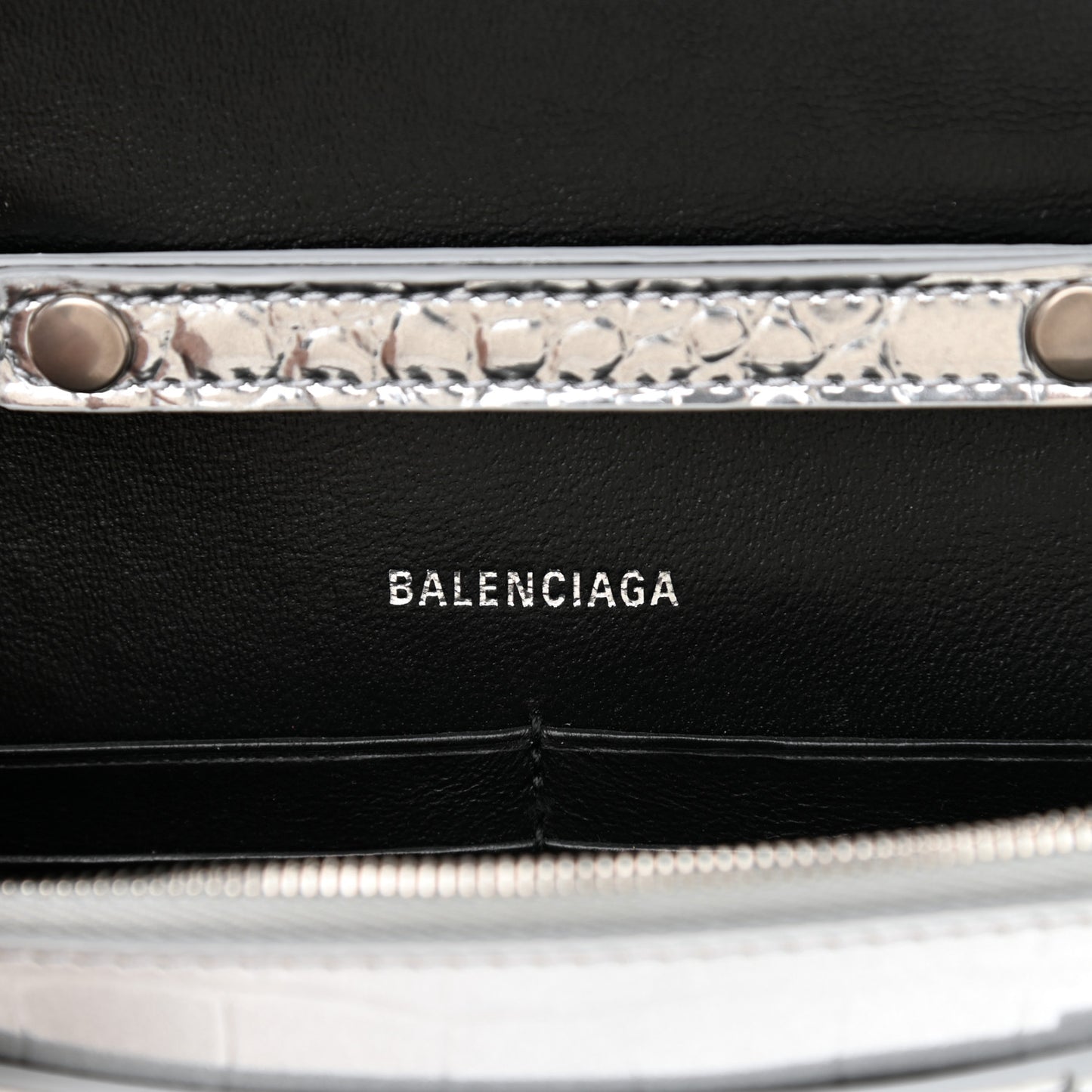 Metallic Calfskin Crocodile Embossed Hourglass Chain Bag Silver
