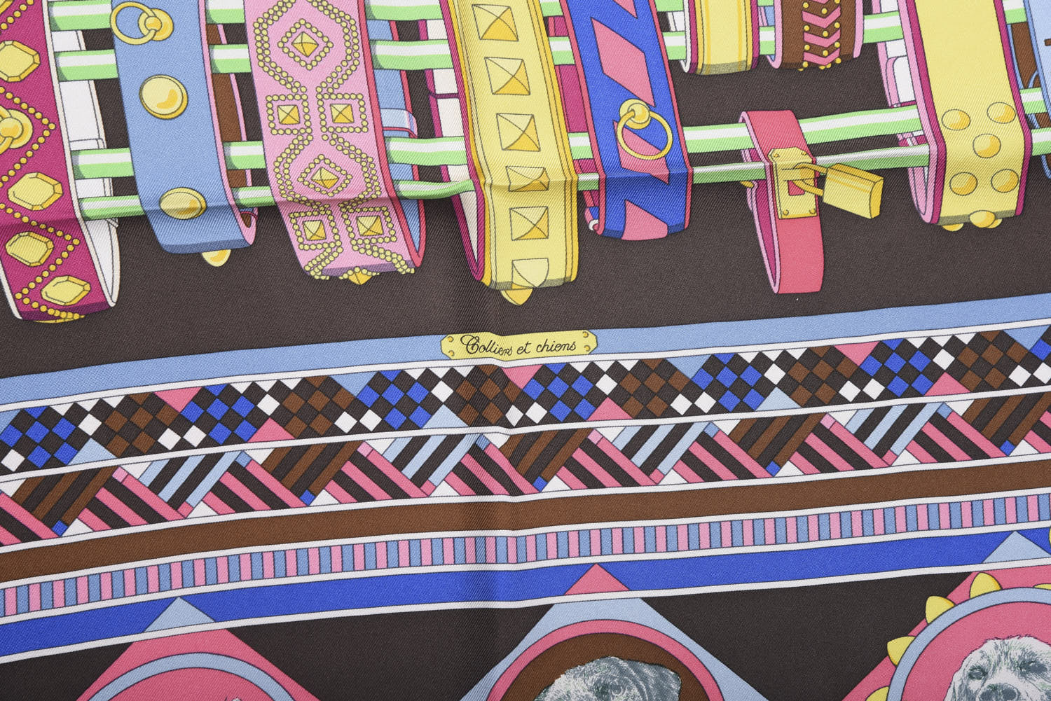 Hermes Silk Carre Wash Colliers de Chiens Scarf 90 Marron Rose Multicolor 2 of 5