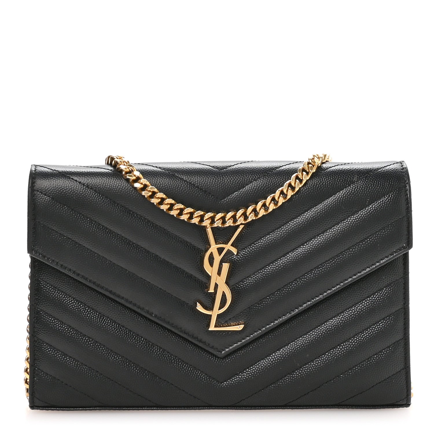 Saint Laurent Grain De Poudre Matelasse Chevron Monogram Chain Wallet Black 1 of 10