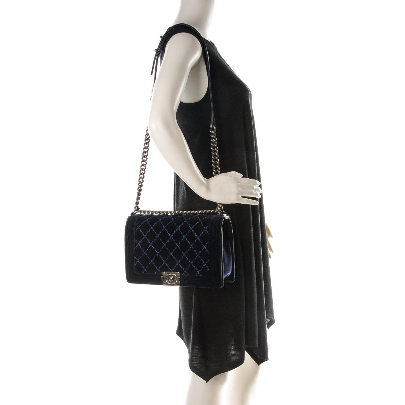 Chanel Velvet Quilted New Medium Boy Flap Dark Navy Blue 2 of 8