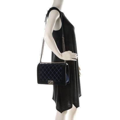 Chanel Velvet Quilted New Medium Boy Flap Dark Navy Blue 2 of 8