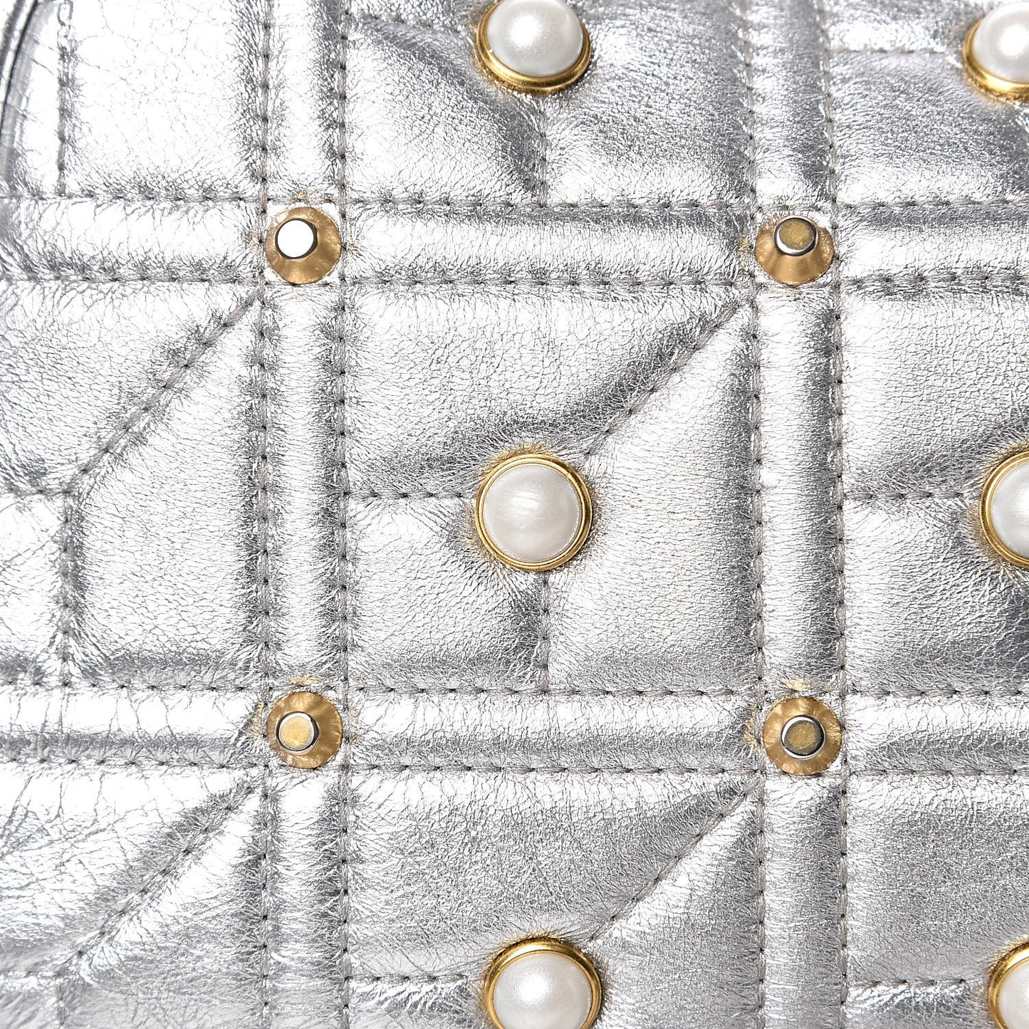 Metallic Calfskin Matelasse Studded Small Pearly GG Marmont Chain Shoulder Bag Silver