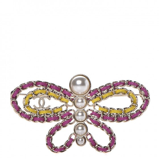Chanel Lambskin Chain Pearl CC Butterfly Brooch Pink Yellow Gold 1 of 5