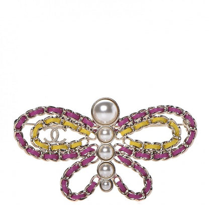 Chanel Lambskin Chain Pearl CC Butterfly Brooch Pink Yellow Gold 1 of 5