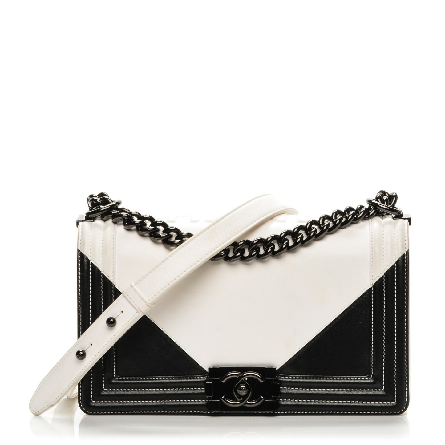 Calfskin Medium Bi-Color Boy Flap Black White