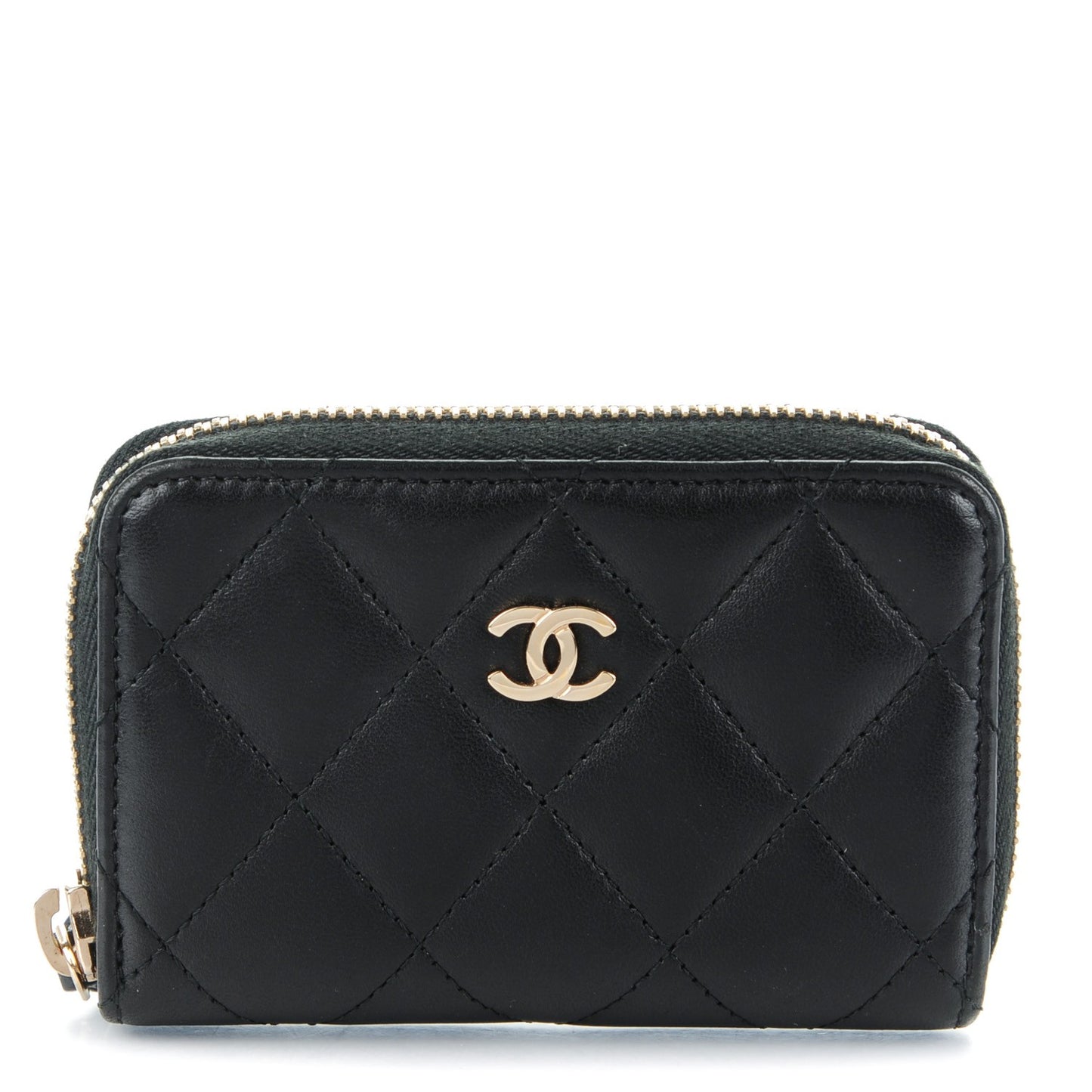 Lambskin Quilted Zip Around Coin Purse Wallet Black