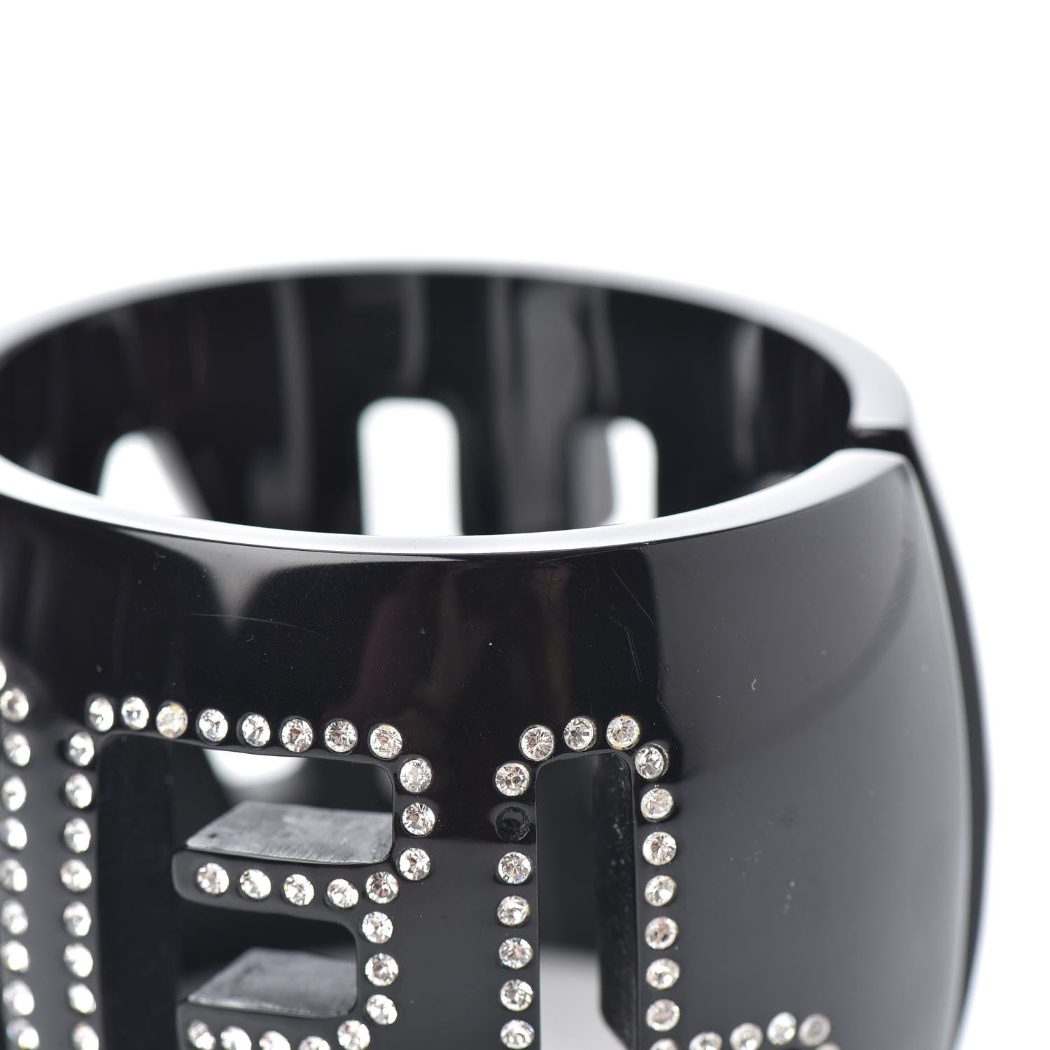 Chanel Resin Crystal Logo Cuff Bangle Bracelet Black 5 of 6