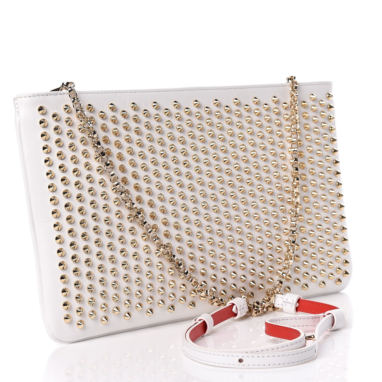 Calfskin Studded Loubiposh Chain Clutch White Gold