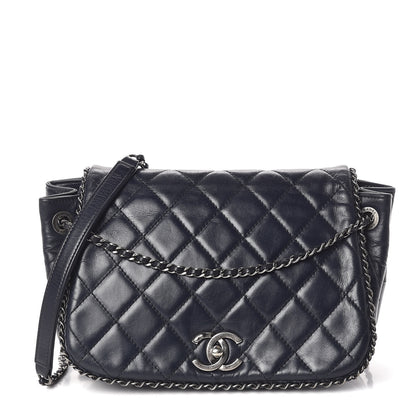 Chanel Glazed Calfskin Quilted Small CC Enchained Accordion Flap Dark Navy Blue 1 of 9