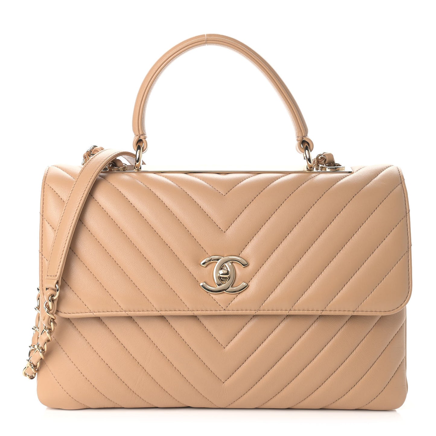 Lambskin Chevron Quilted Medium Trendy CC Dual Handle Flap Bag Beige