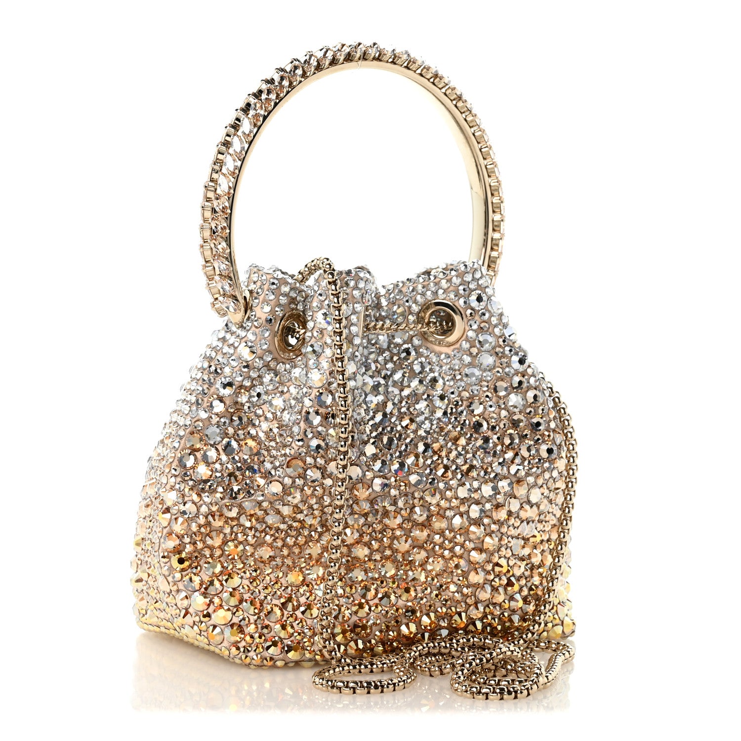 Jimmy Choo Satin Hotfix Crystal Embellished Bon Bon Bucket Bag Gold Silver 3 of 12