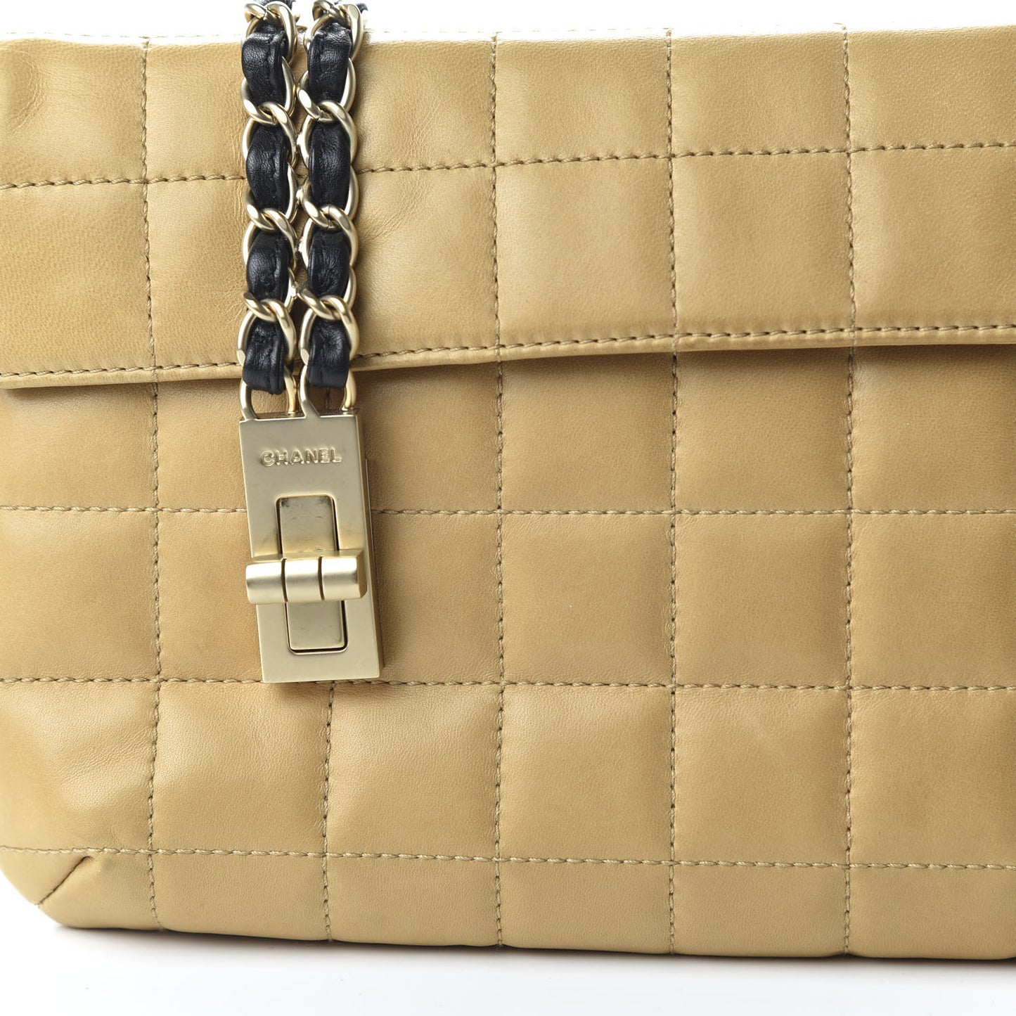Lambskin Chocolate Bar Mademoiselle Flap Shoulder Bag Beige