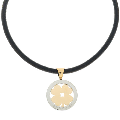 Bulgari 18K Yellow Gold Stainless Steel Calfskin Tondo Clover Pendant Necklace Black 1 of 5