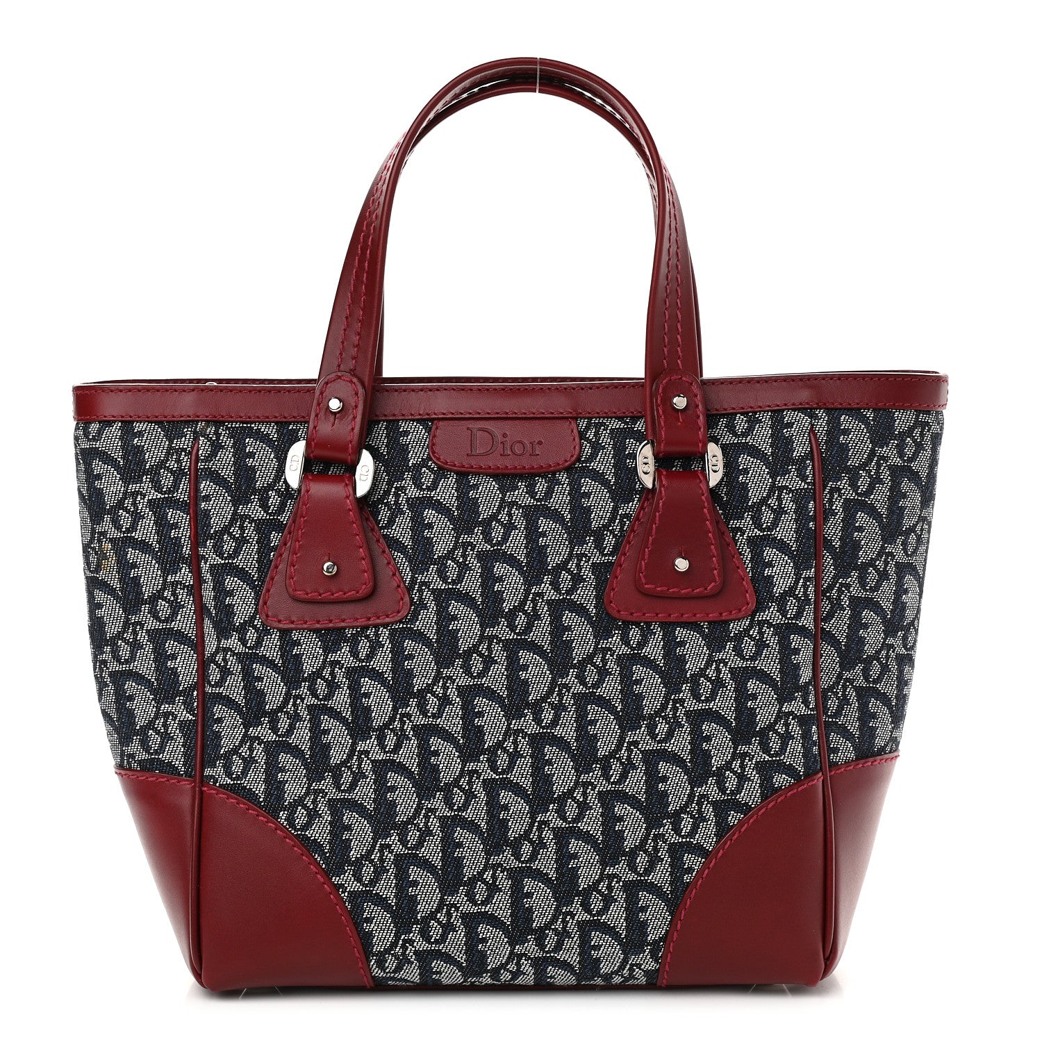 Christian Dior Denim Calfskin Monogram Tote Navy Blue Red 1 of 9