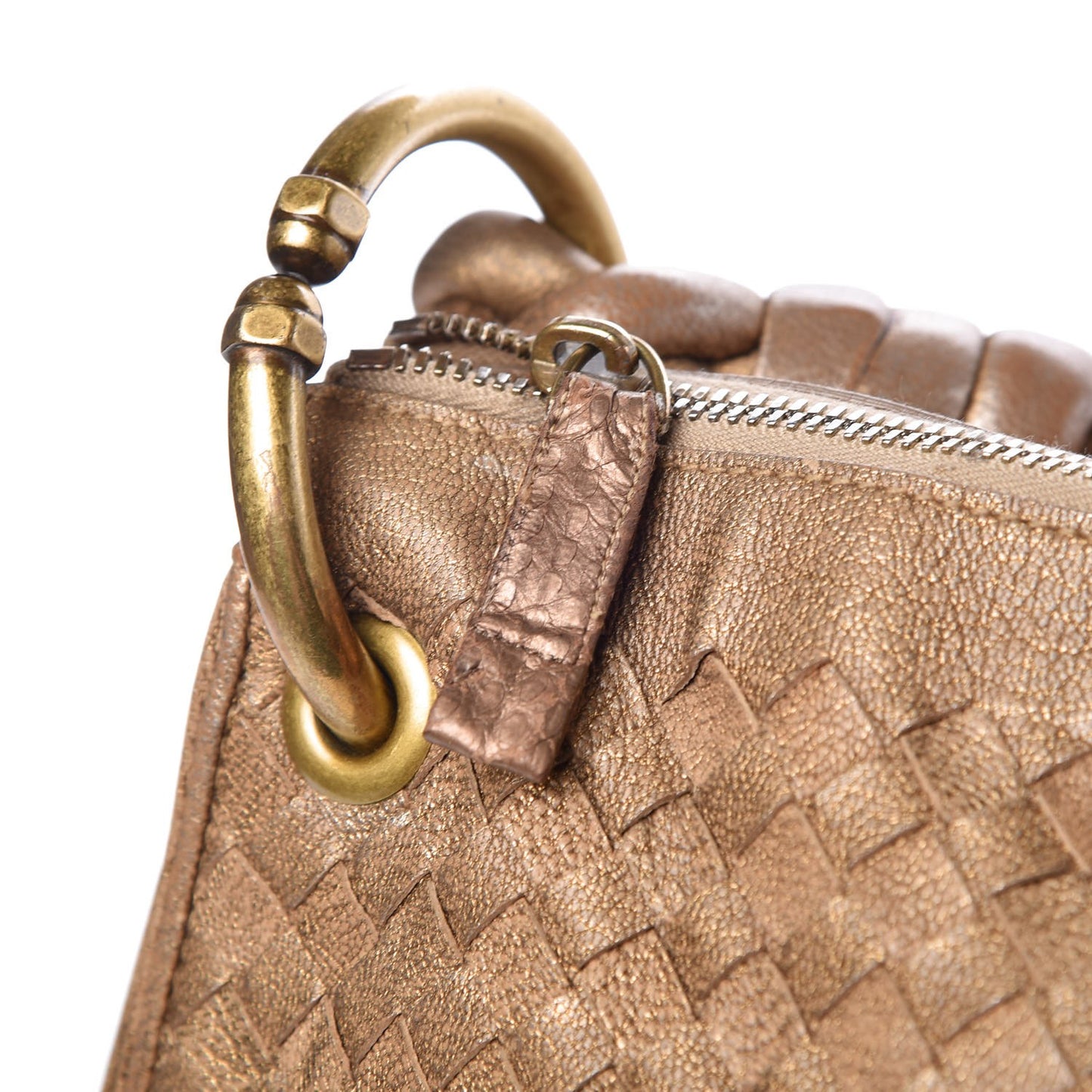 Metallic Goatskin Intrecciato Braided Zip Hobo Gold