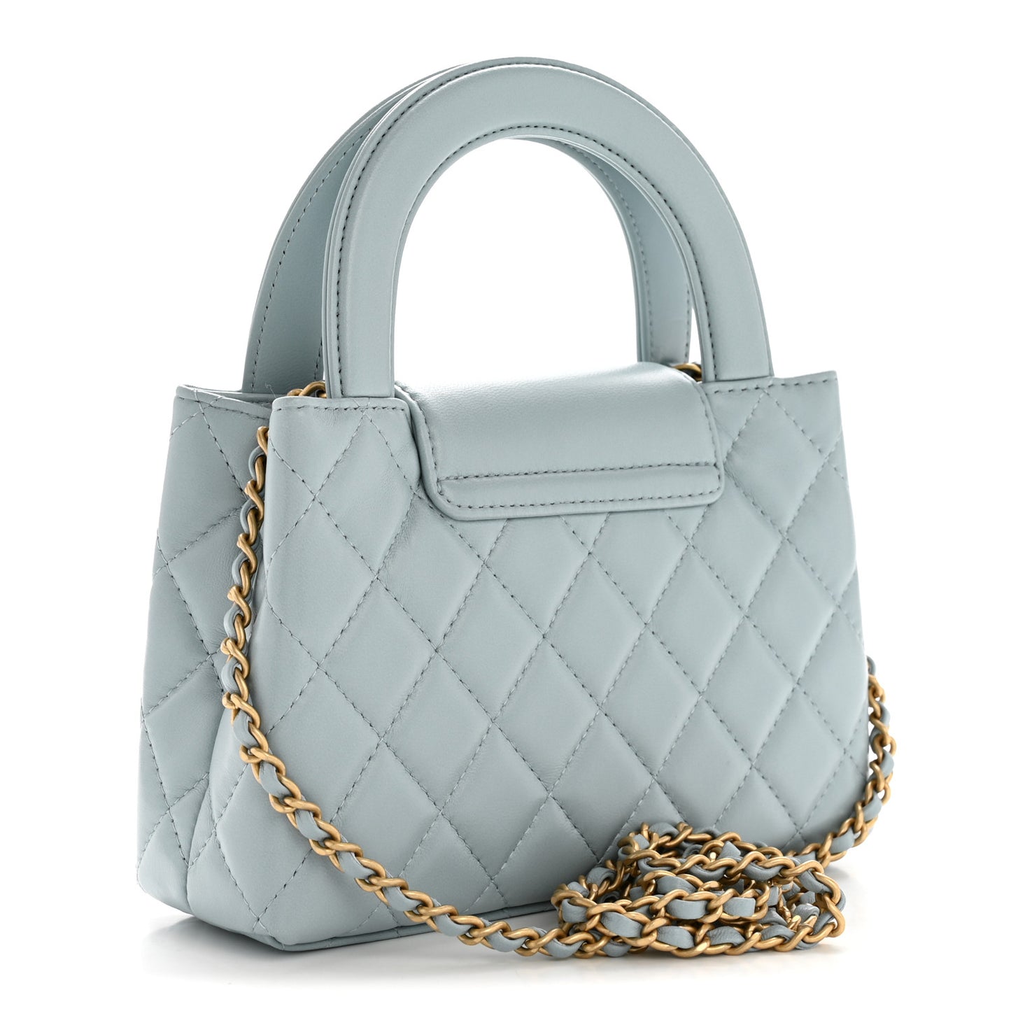 Shiny Aged Calfskin Quilted Nano Kelly Shopper Light Blue