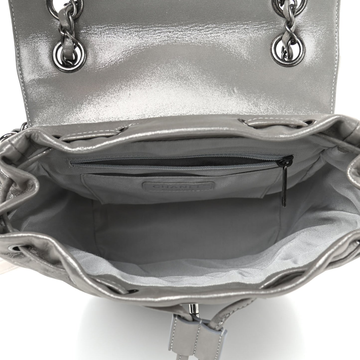 Metallic Iridescent Calfskin Chevron Quilted Small Urban Spirit Backpack Silver