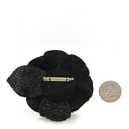 Chanel Tweed Fabric Camellia Pin Brooch Black 2 of 3